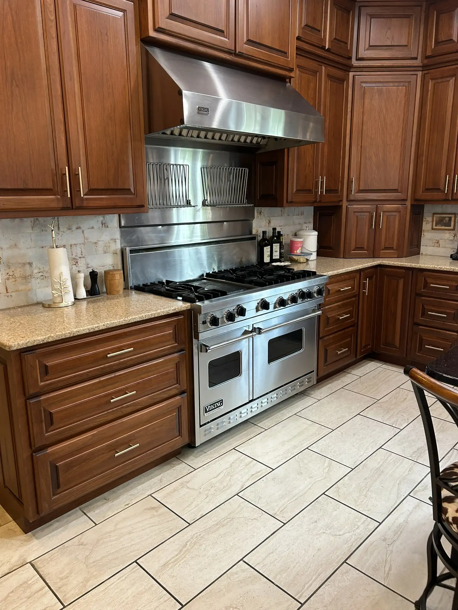 Custom fireplace mantel — stained walnut